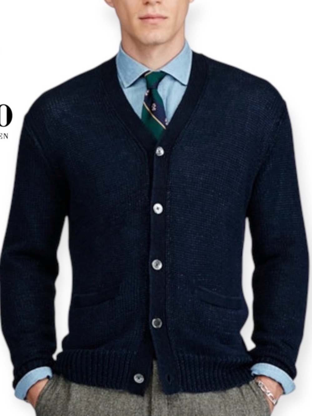 POLO RALPH LAUREN LINEN CARDIGAN SWEATER NAVY BLUE S OPEN CHUNKY KNIT V-NECK